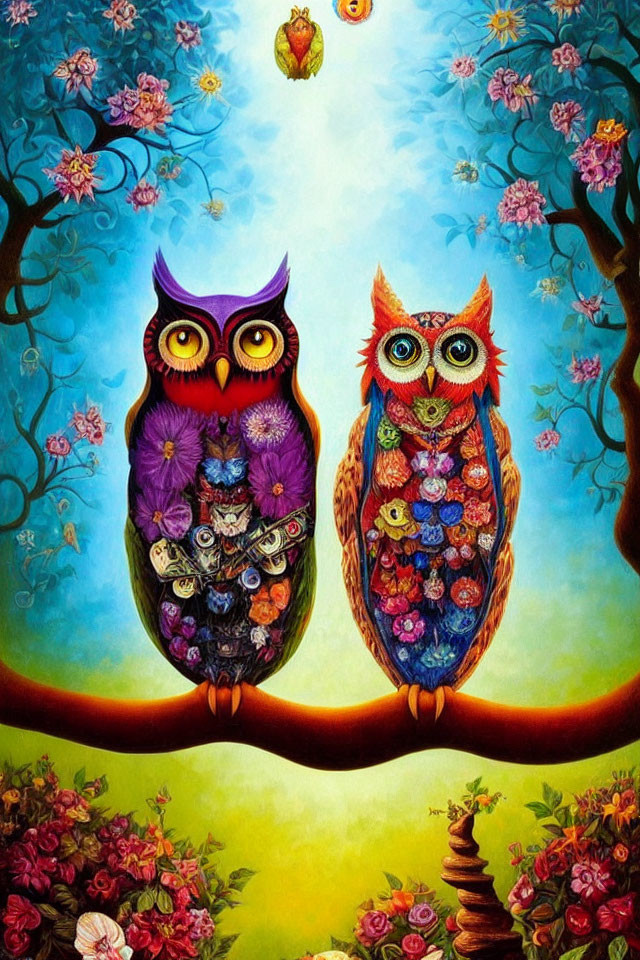 Colorful Stylized Owls with Floral Patterns on Branch in Flower-Filled Scene