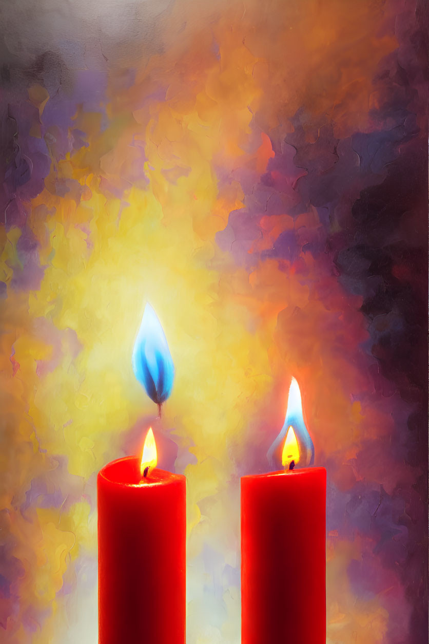 Two red candles with different heights against a colorful blurred background