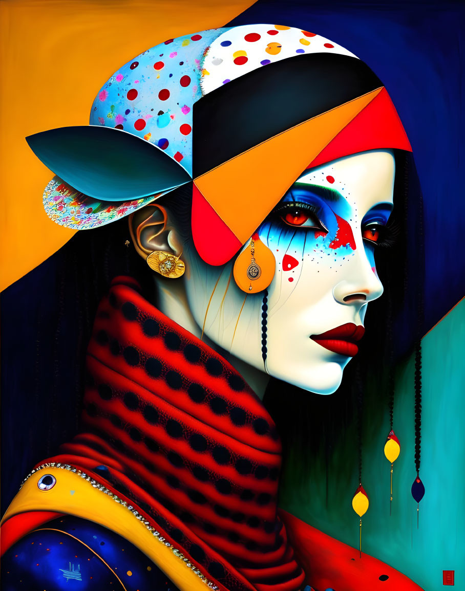 Colorful portrait of woman with patchwork hat, blue skin, and abstract makeup.