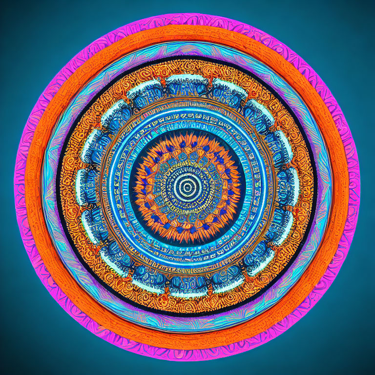 Colorful Mandala Design with Orange, Blue, and Pink on Teal Background