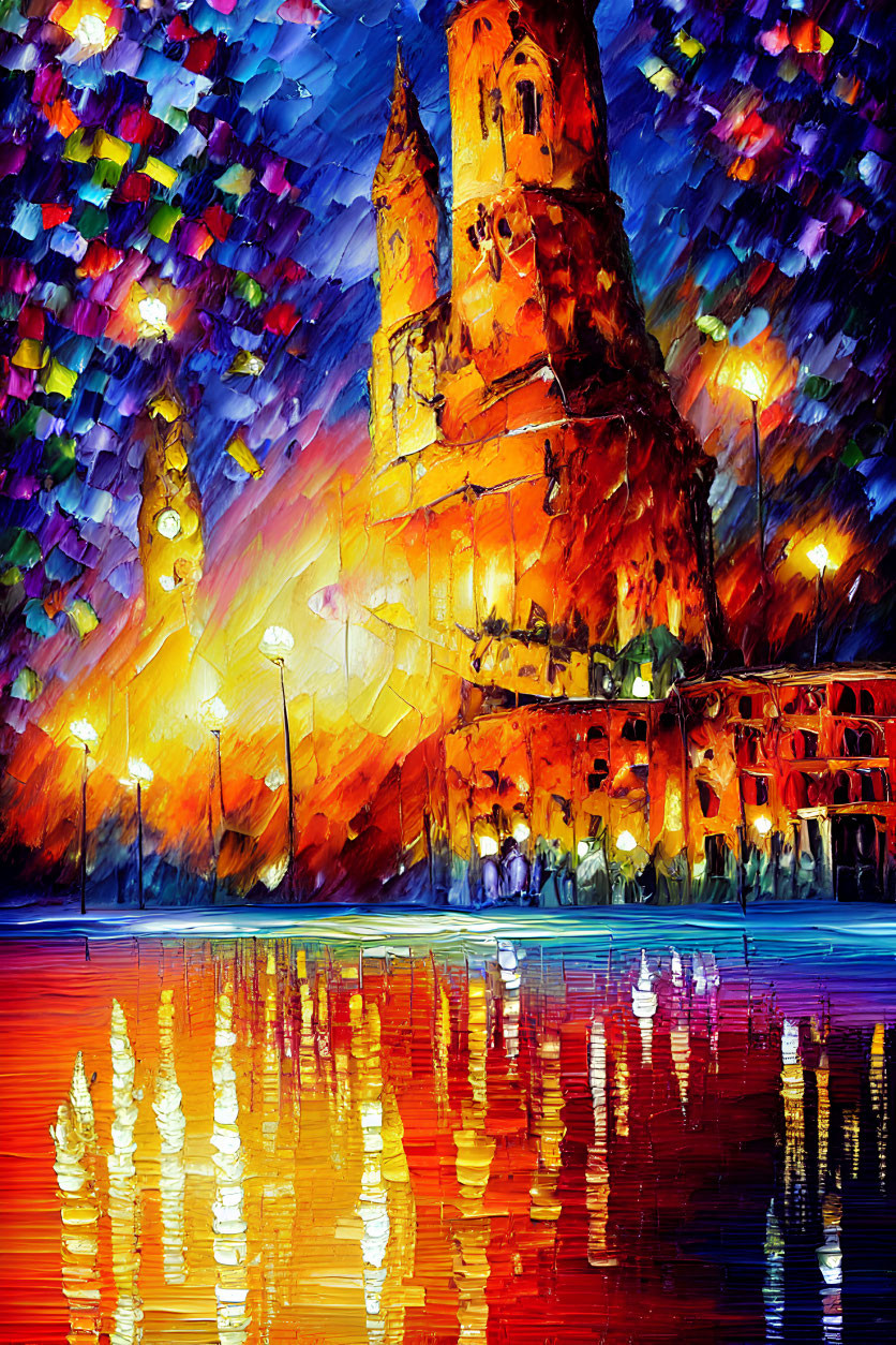 Impressionistic cityscape painting with lit-up church and colorful sky.