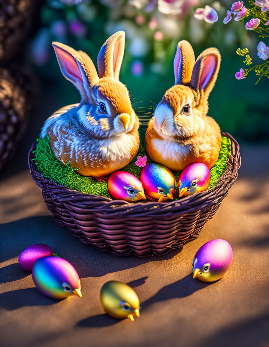 Plush rabbits in basket with Easter eggs and flowers