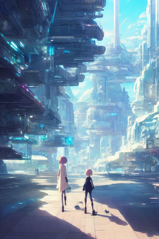 Futuristic cityscape with two individuals walking among towering skyscrapers