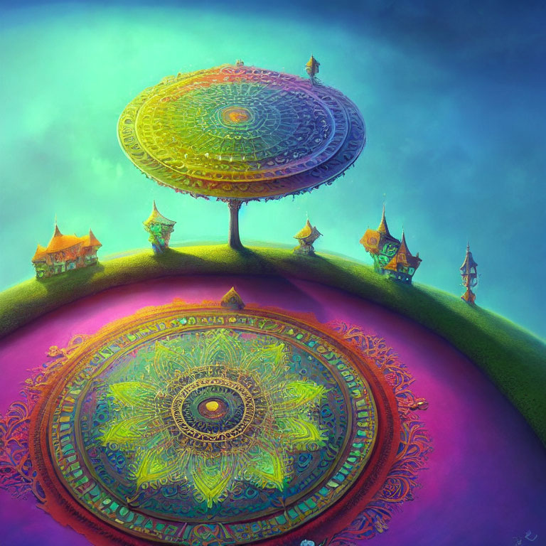 Colorful Mandala Patterns in Fantasy Landscape