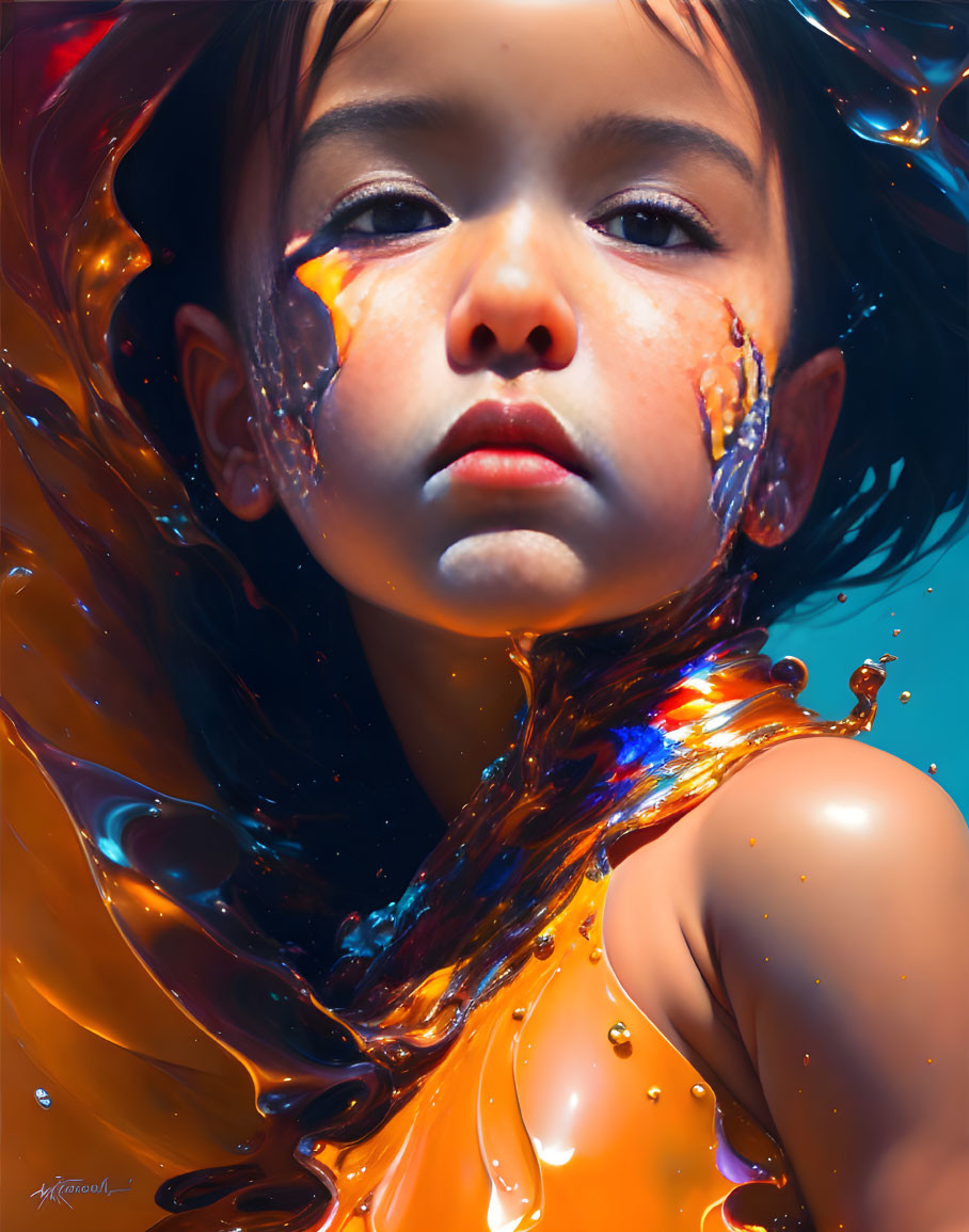 Vibrant liquid splashes frame young girl with wet hair