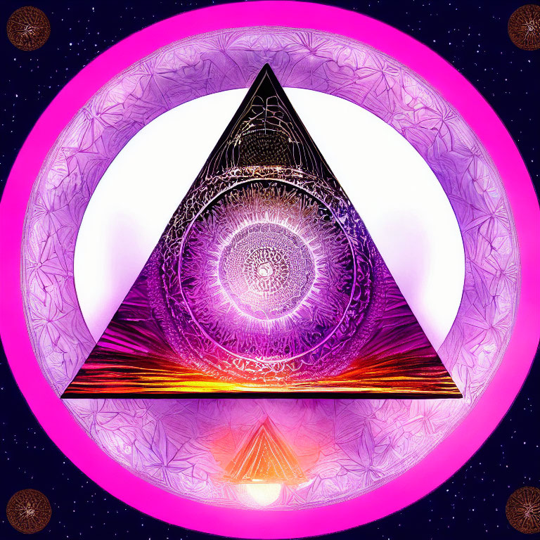 Colorful digital artwork: central triangle with eye, pink and purple hues, star-lit sky.