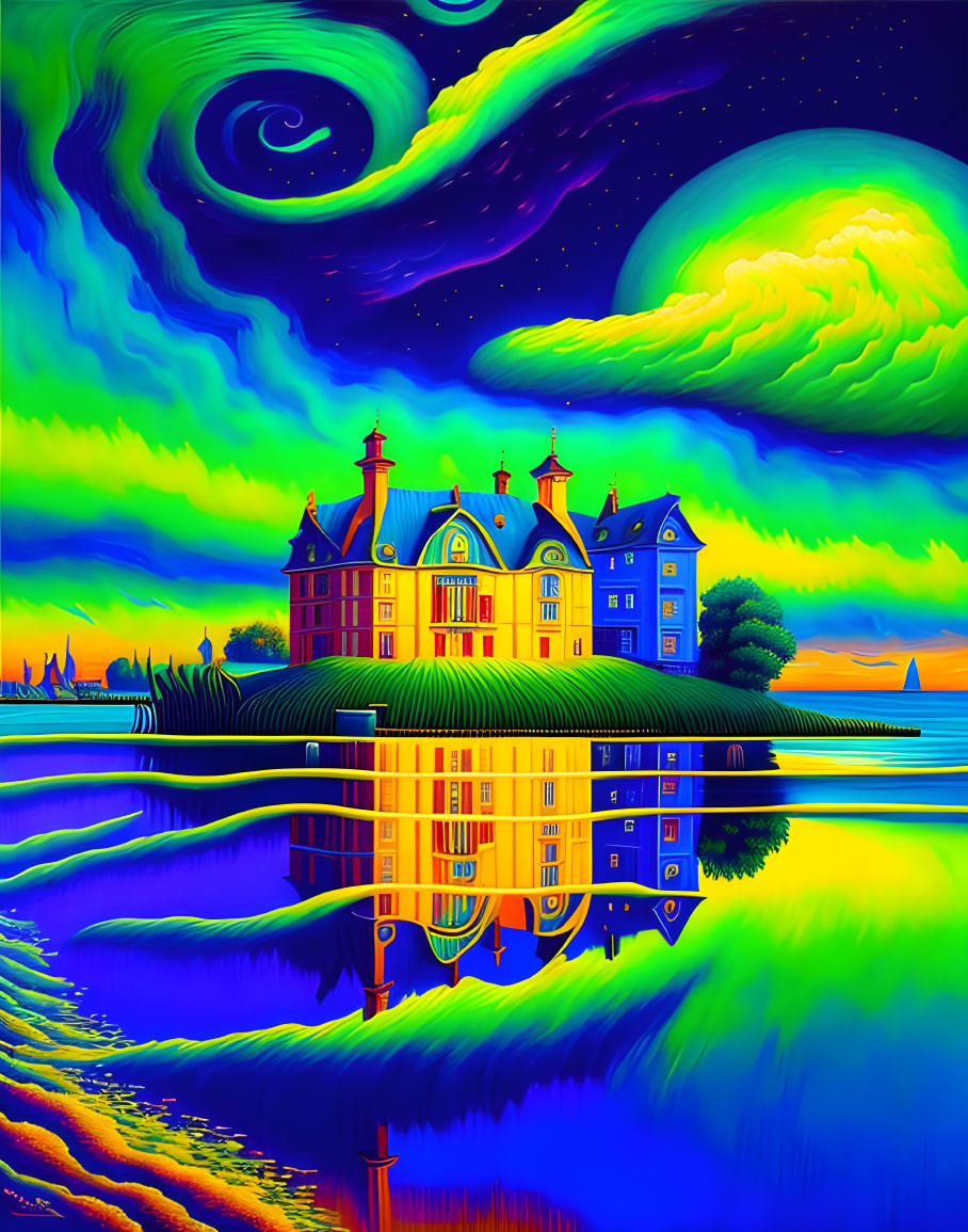 Surreal artwork: Chateau with mirrored reflection, crescent moon & swirling sky