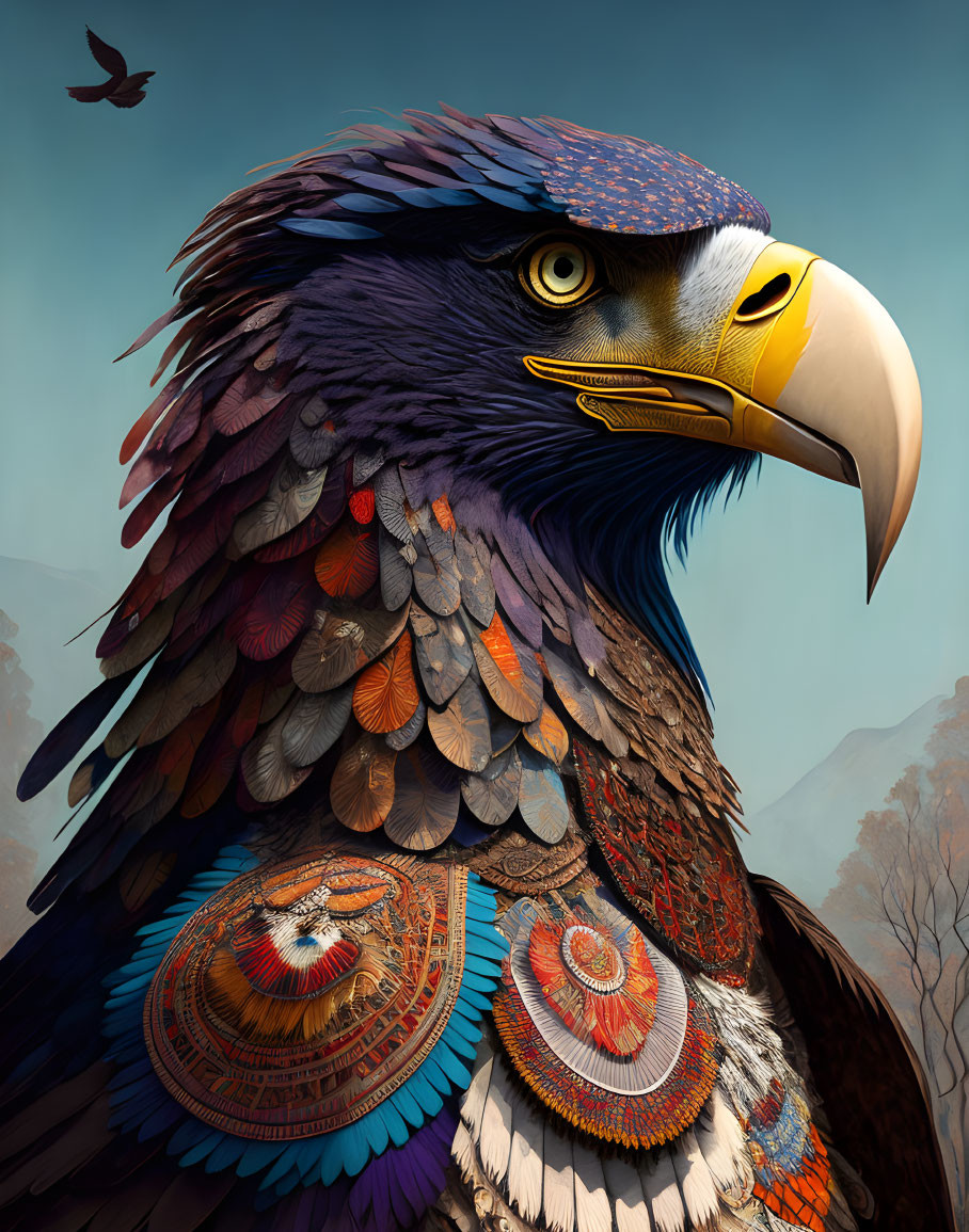 Colorful Stylized Eagle Illustration with Nature Background