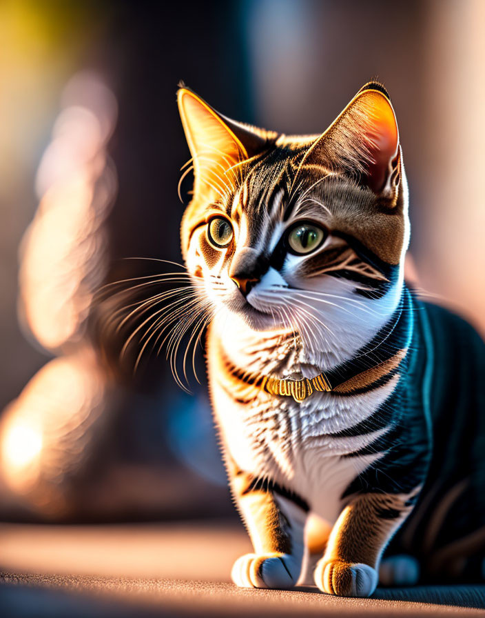 Striped domestic cat with golden collar basking in sunlight