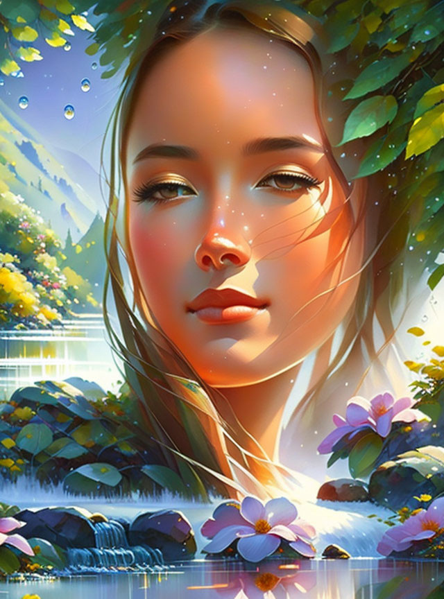 Woman's portrait merges with nature in serene digital painting