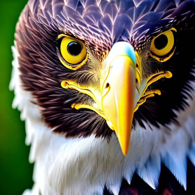 Detailed Bald Eagle Head with Yellow Eyes and Hooked Beak on Green Background