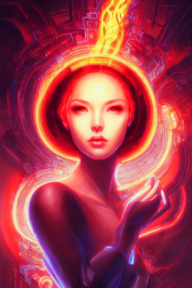 Digital Artwork: Woman with Glowing Halo and Flame-Like Aura in Red and Violet Palette