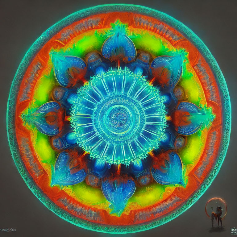 Colorful Neon Mandala with Symmetrical Fruit Patterns and Human Silhouette