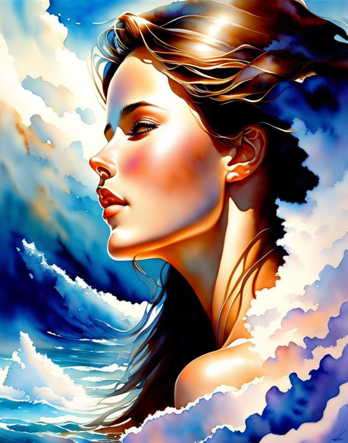 Vibrant profile of a woman with flowing hair blending into a dreamy sky.