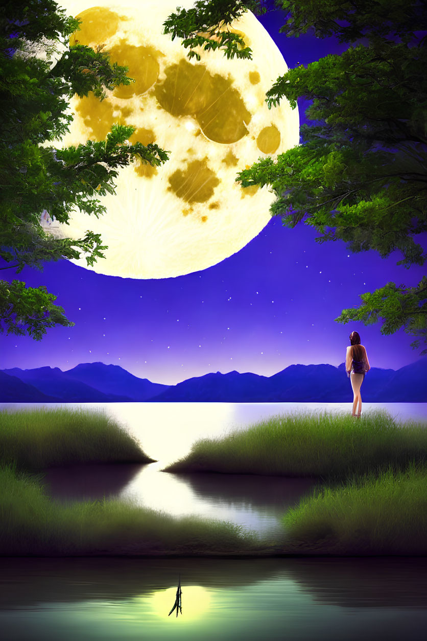 Solitary figure by tranquil lake under luminous full moon