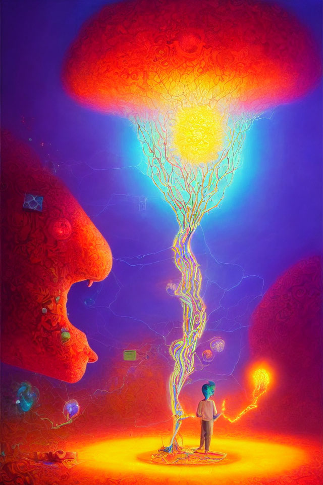 Colorful painting of person under glowing tree with face-like structures