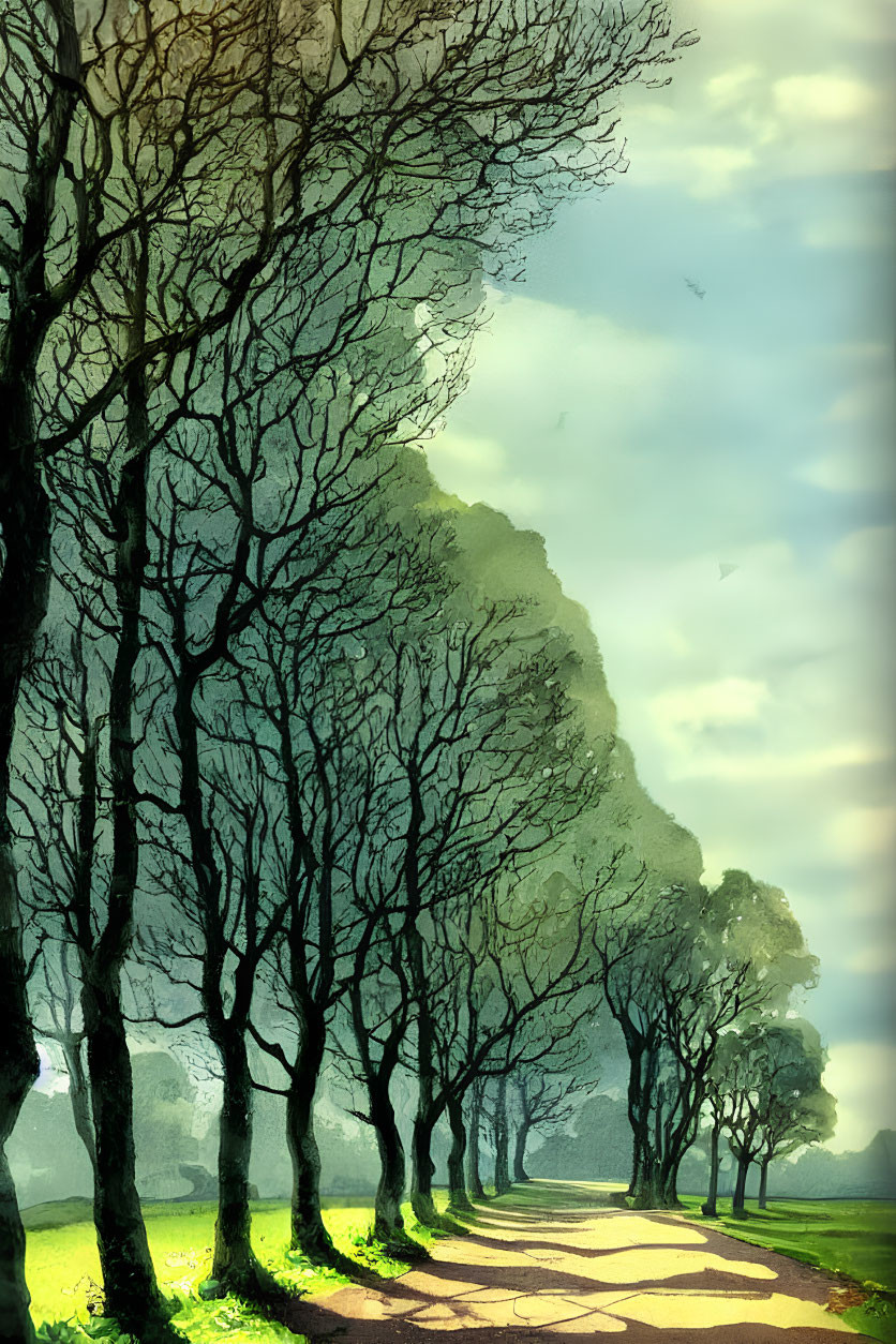 Bare trees lining serene pathway under hazy, light-filled sky