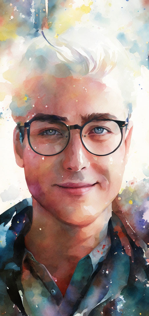 Colorful Watercolor Portrait of Smiling Person with Glasses