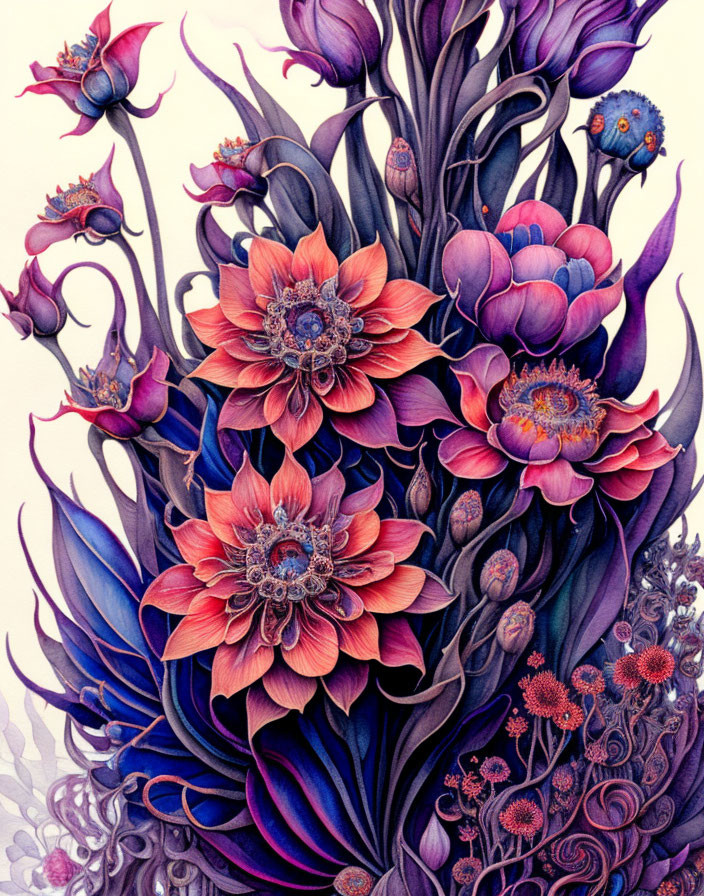 Detailed colorful illustration of stylized flowers in blue, purple, and pink.