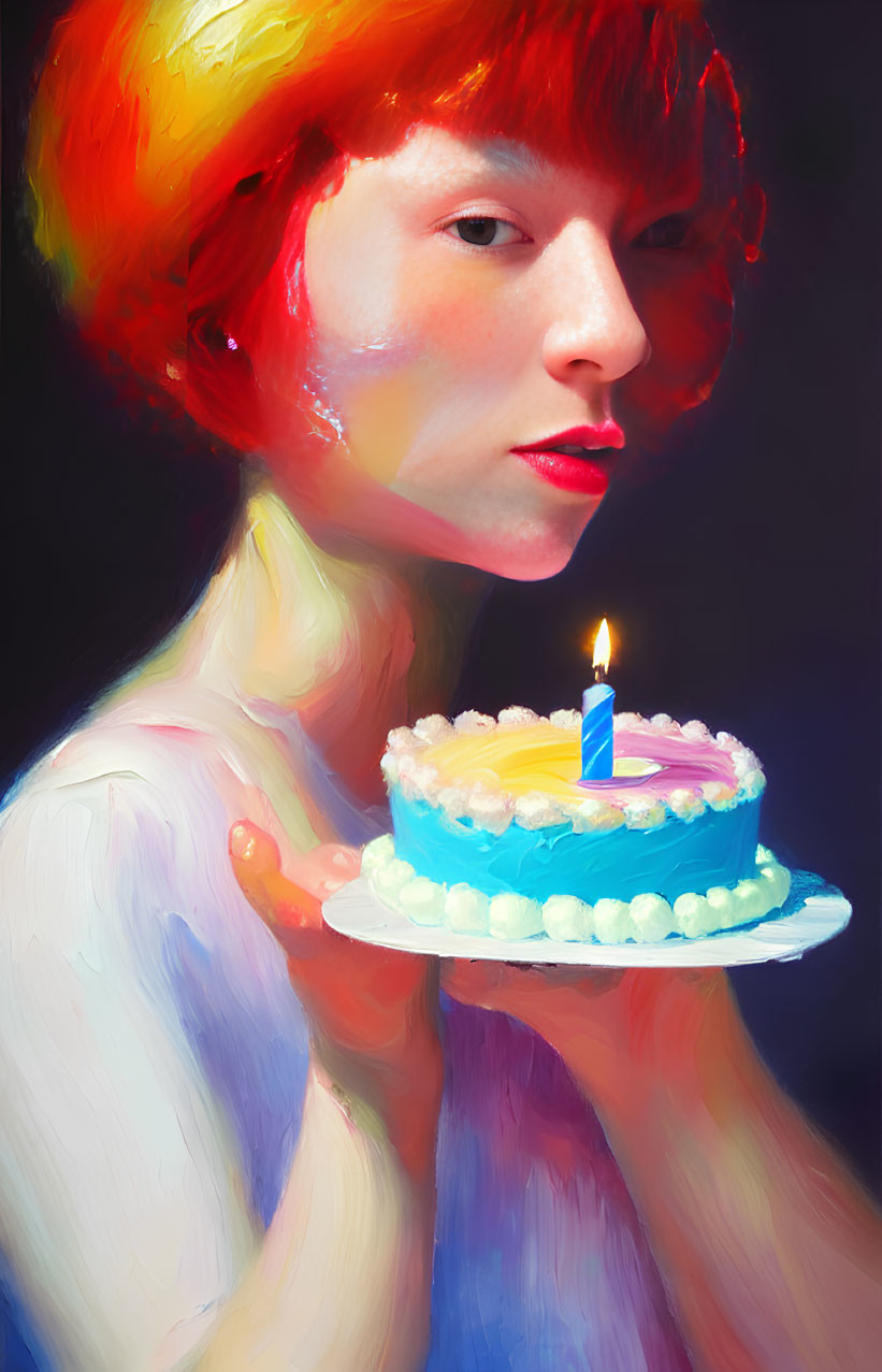 Red-haired person holding small cake with lit candle against vibrant background