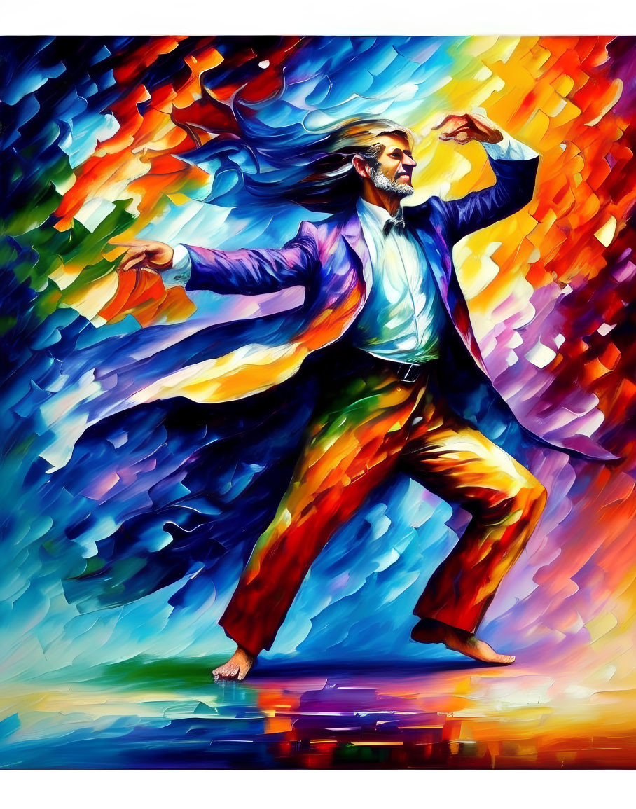 Vibrant abstract painting of dancing man with flowing hair and beard in suit against mosaic background