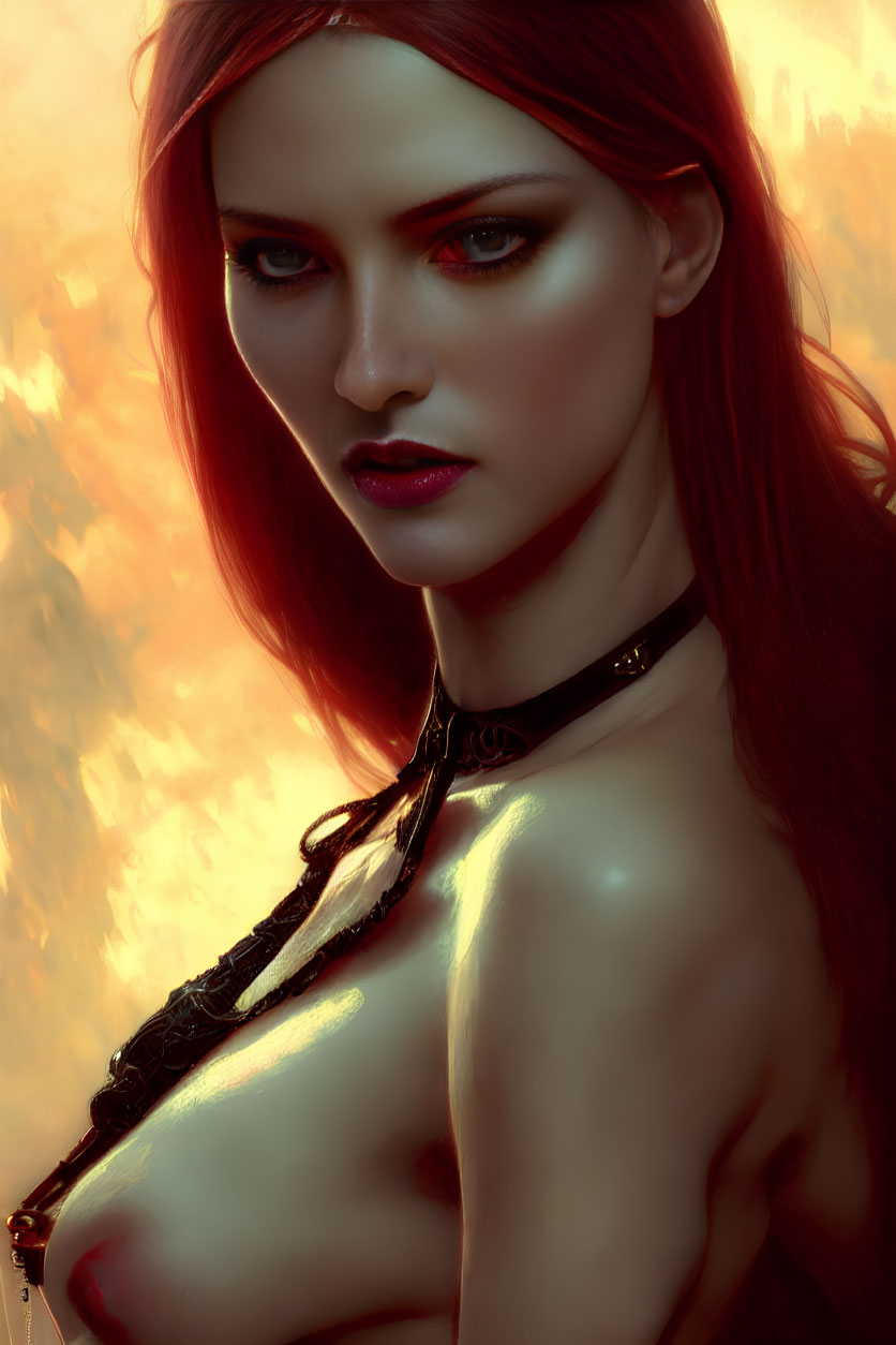 Digital Artwork: Woman with Red Hair and Dark Makeup on Amber Background