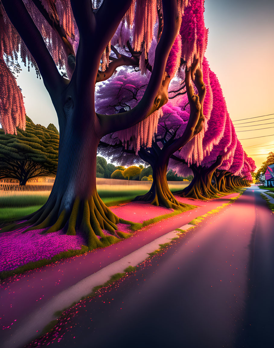 Digitally altered image of majestic trees with purple foliage and pink petals under warm sunset light