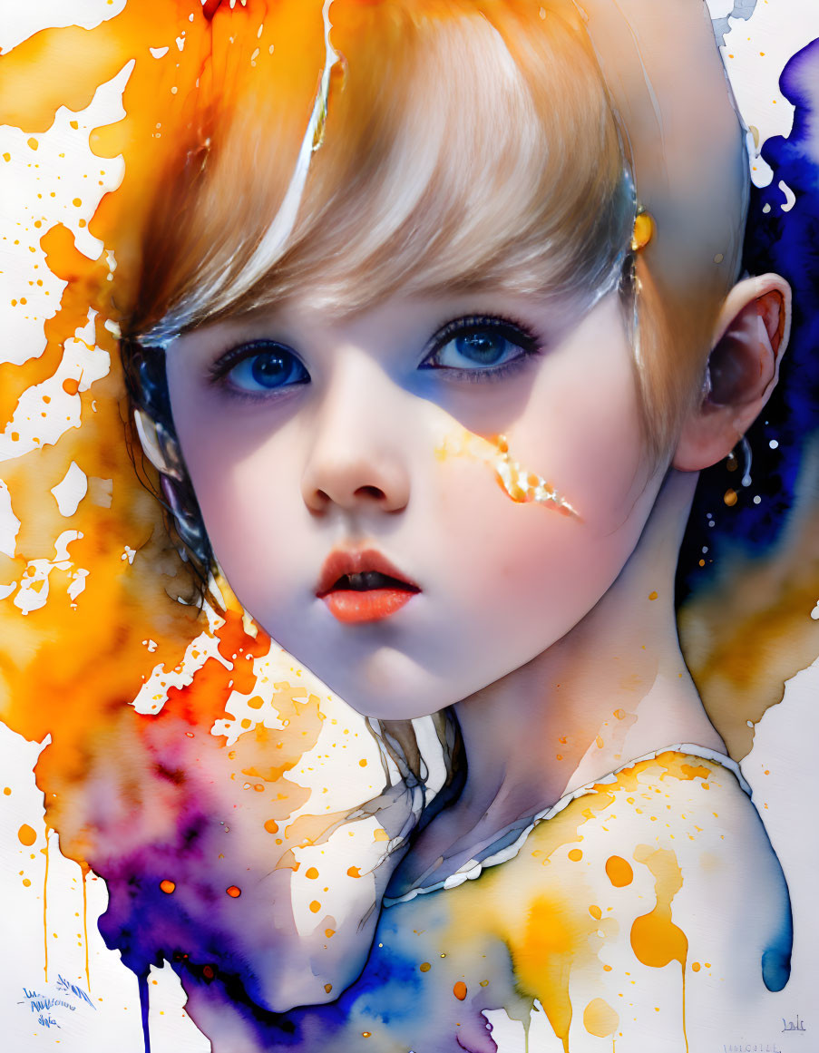 Vibrant digital painting of a child with blue eyes and colorful hair splashes