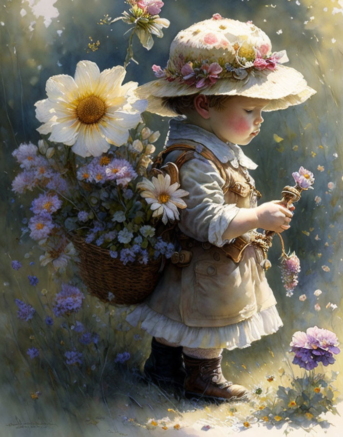 Child in vintage clothing exploring flowers in sunlit field.