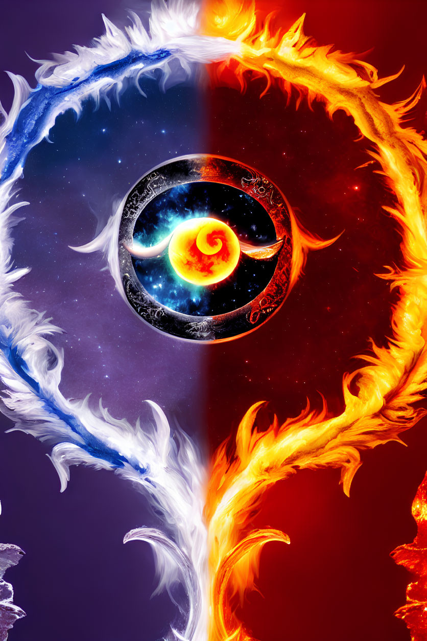 Vivid yin-yang symbol with fiery orange and cool blue theme in swirling fire and ice elements