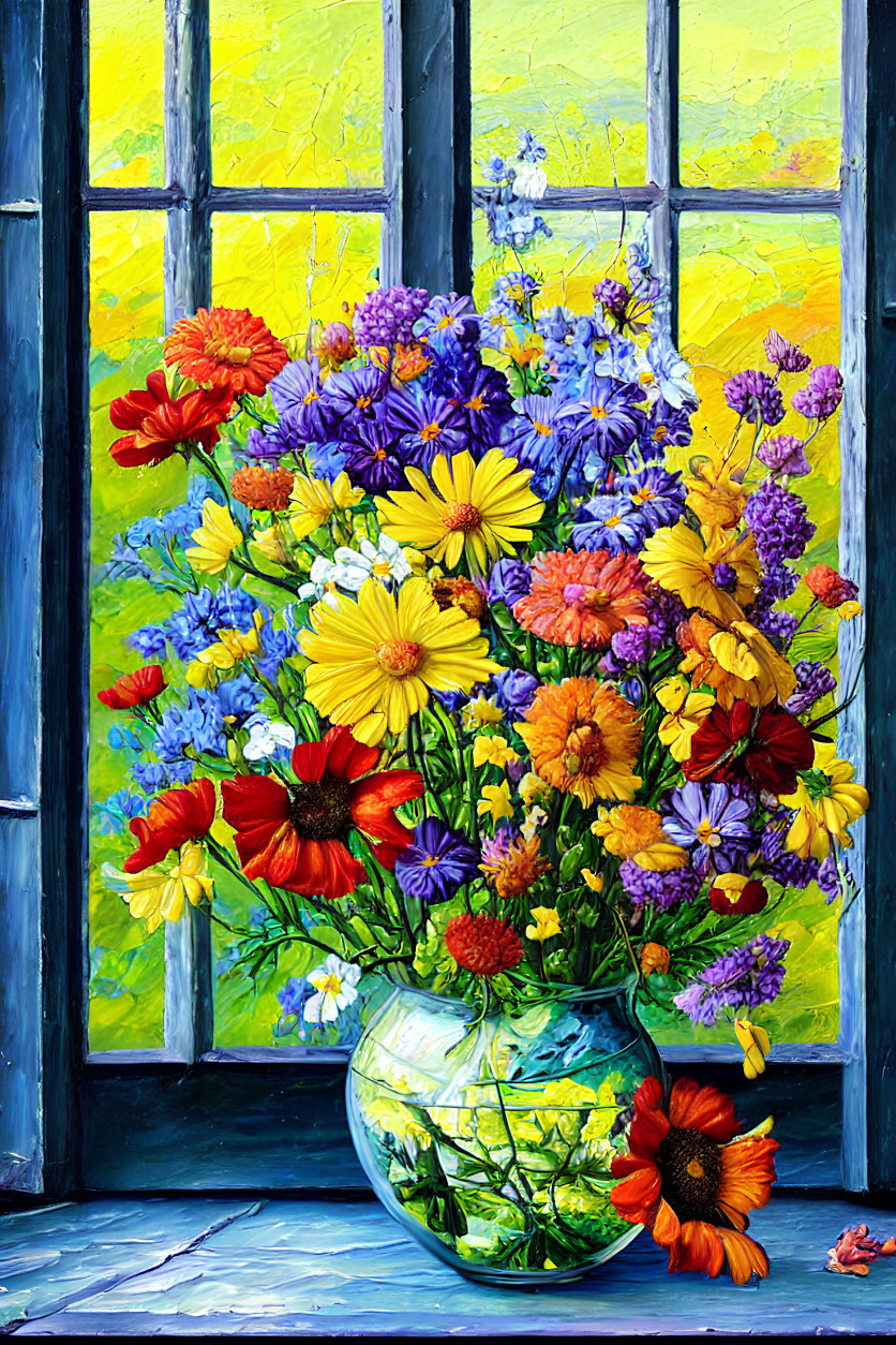 Assorted Flowers Bouquet in Glass Vase on Windowsill