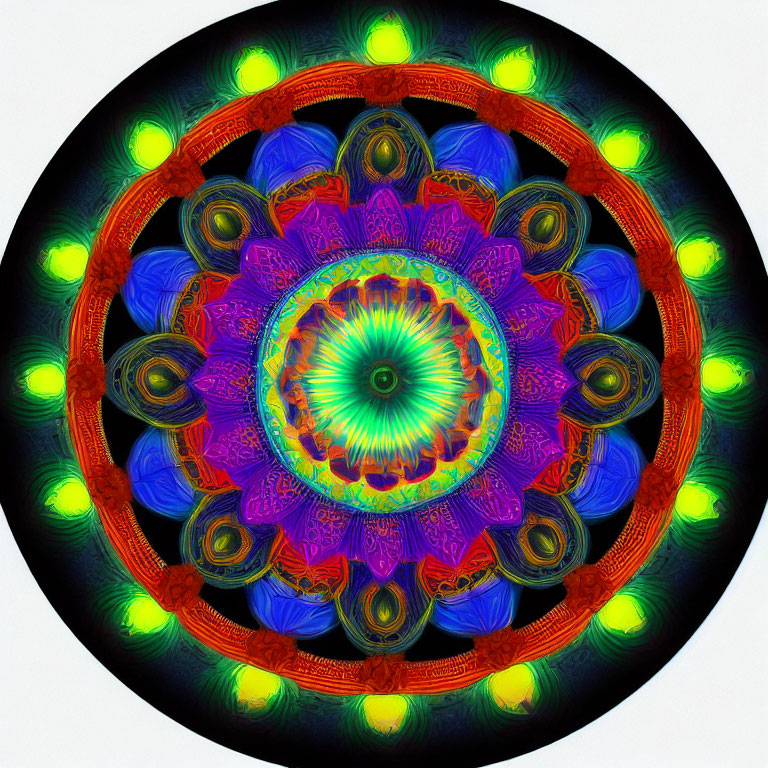 Colorful Mandala with Intricate Patterns on Black Background