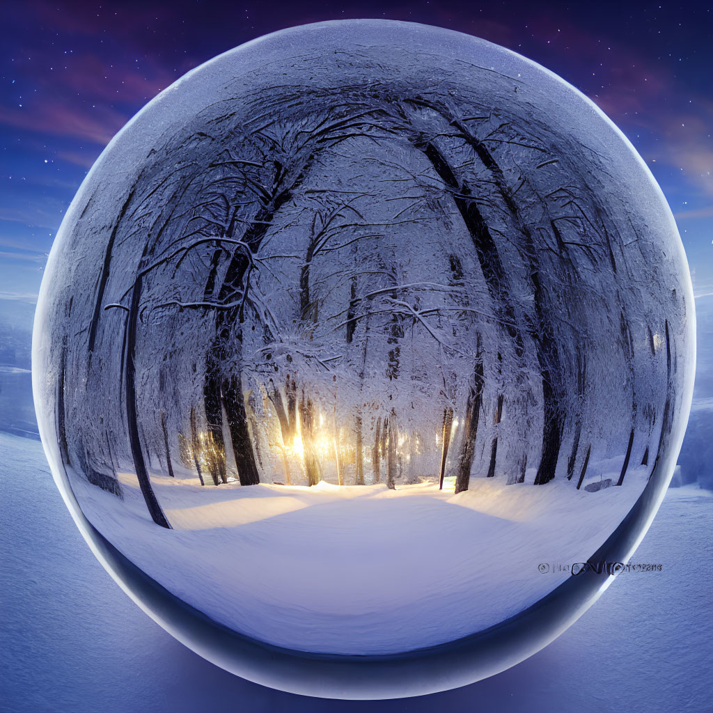 Snow-covered forest panorama under twilight sky with warm glowing light