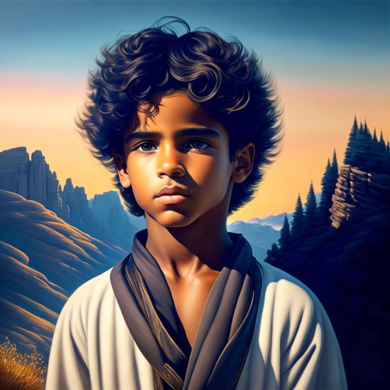 Digital painting of young boy with curly hair in robe against majestic cliffs and sunrise/sunset