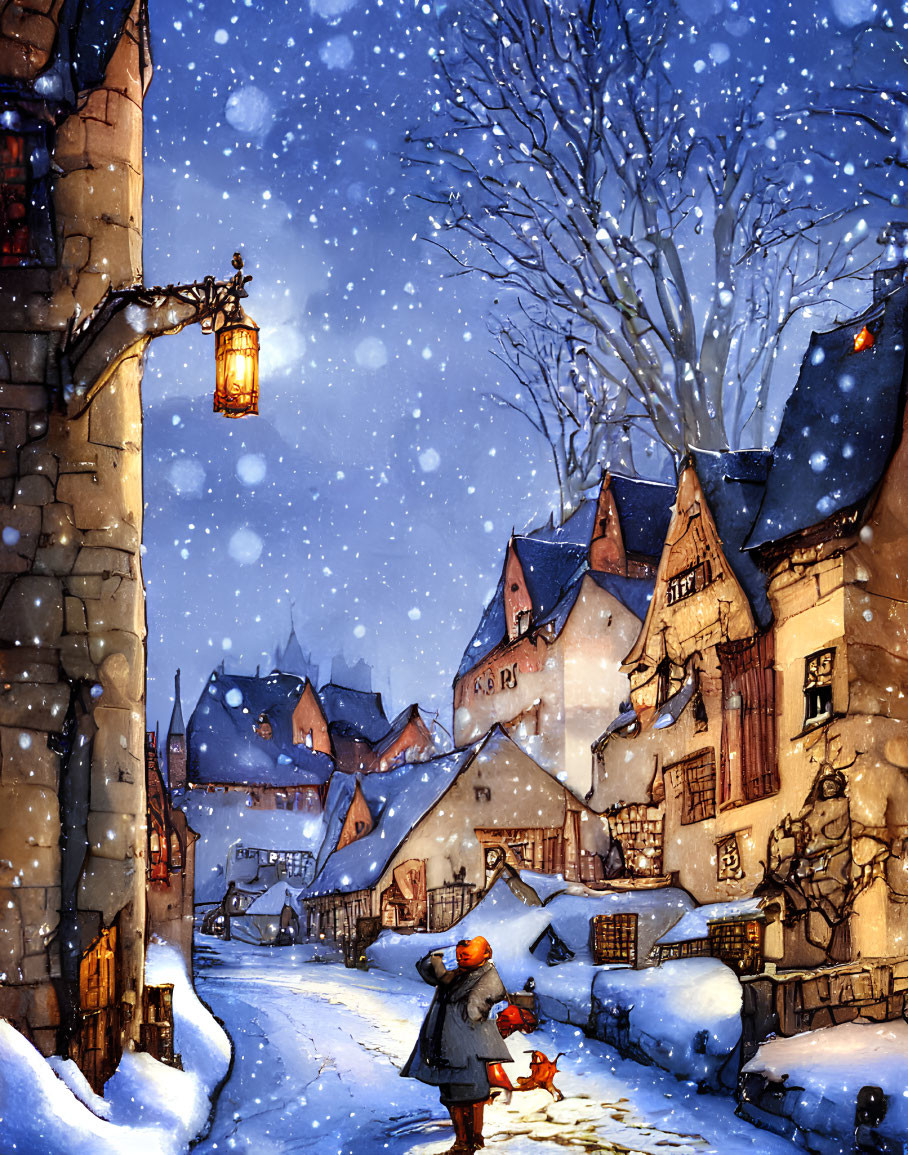 Enchanted snowy old town scene with warmly lit street lamps and child walking dog at twilight