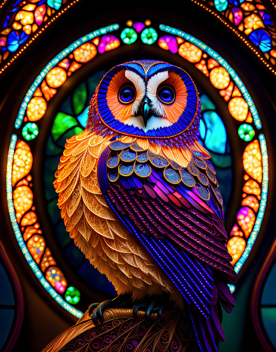 Colorful Stained Glass Owl Illustration with Warm Hues and Circular Background