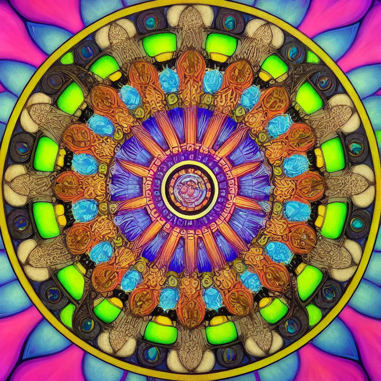 Colorful Mandala Design with Blue, Green, and Gold Patterns on Pink Background