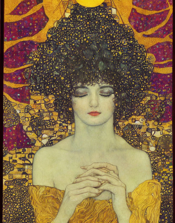 Art-Nouveau Style Woman Illustration with Starry Hair on Golden Mosaic Background