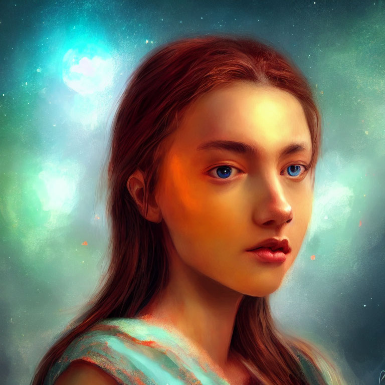 Young woman with blue eyes and red hair in mystical starry setting.