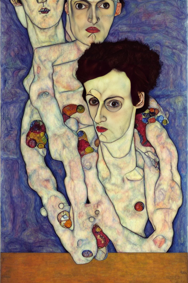 Three Pale Figures with Patterned Skin on Blue Background