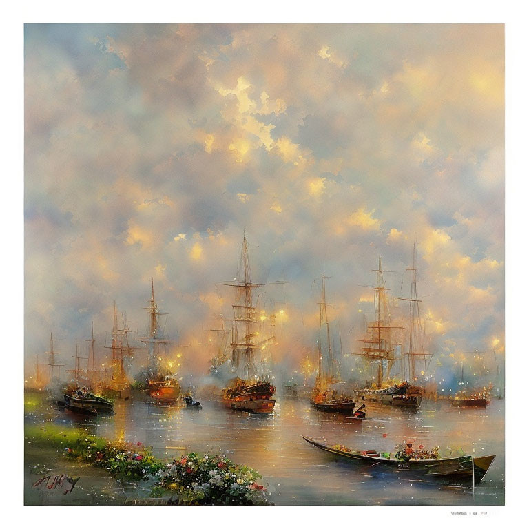 Tranquil harbor at sunrise with sailing ships and colorful flowers