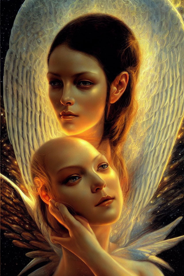 Angelic figures with radiant wings in warm light and serene expressions