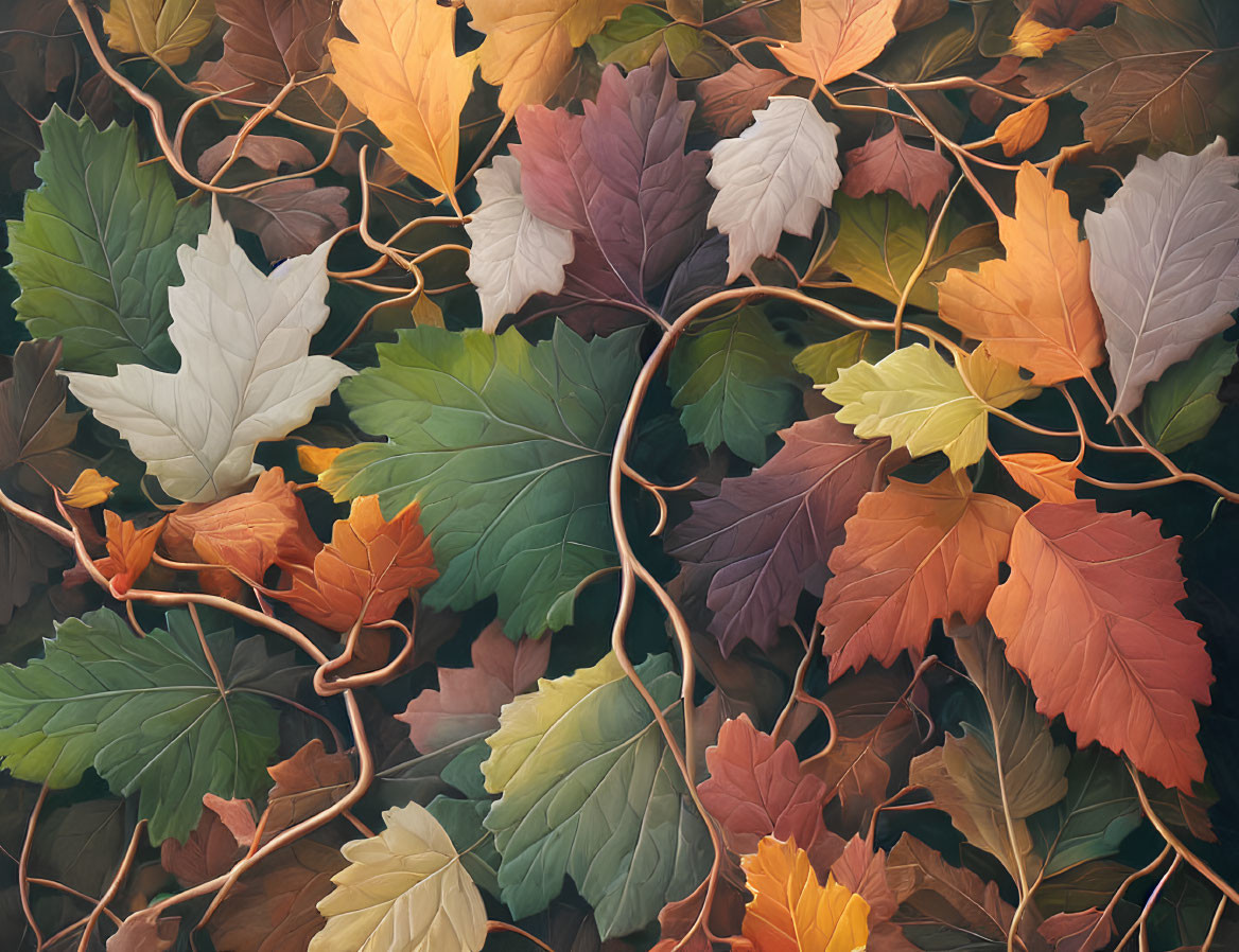 Vibrant autumn leaves in green, yellow, orange, and brown hues