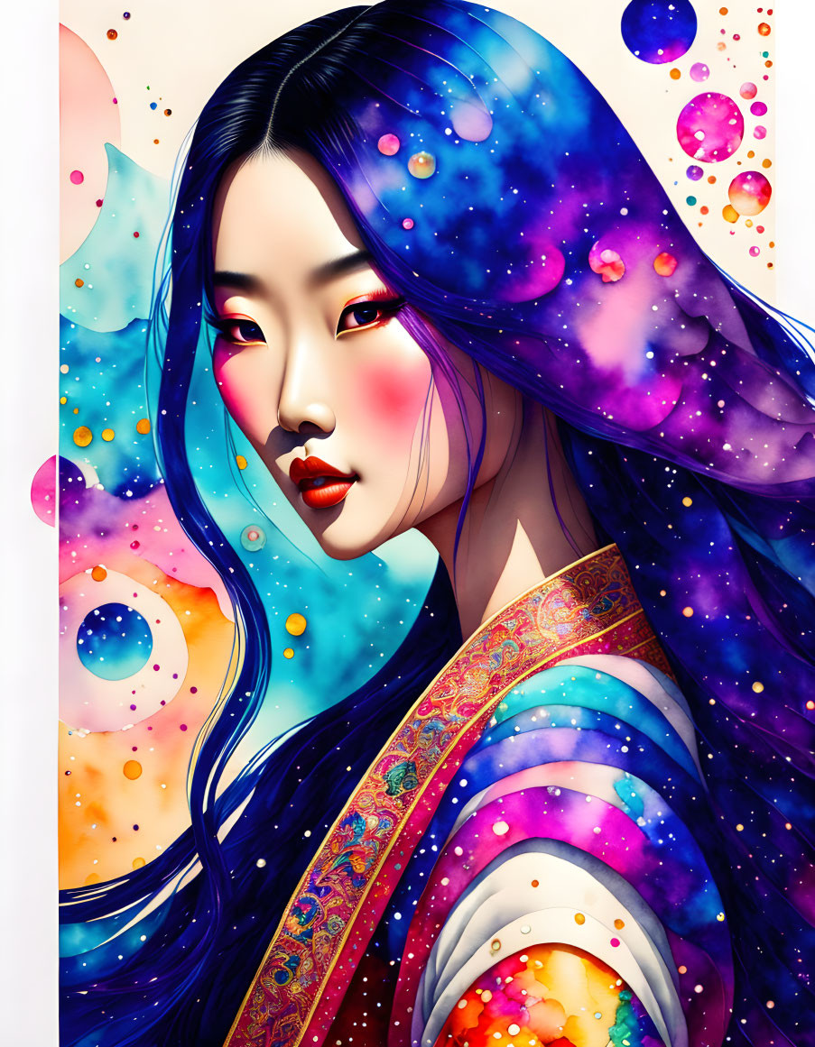 Vibrant cosmic-themed woman illustration with flowing hair & traditional attire