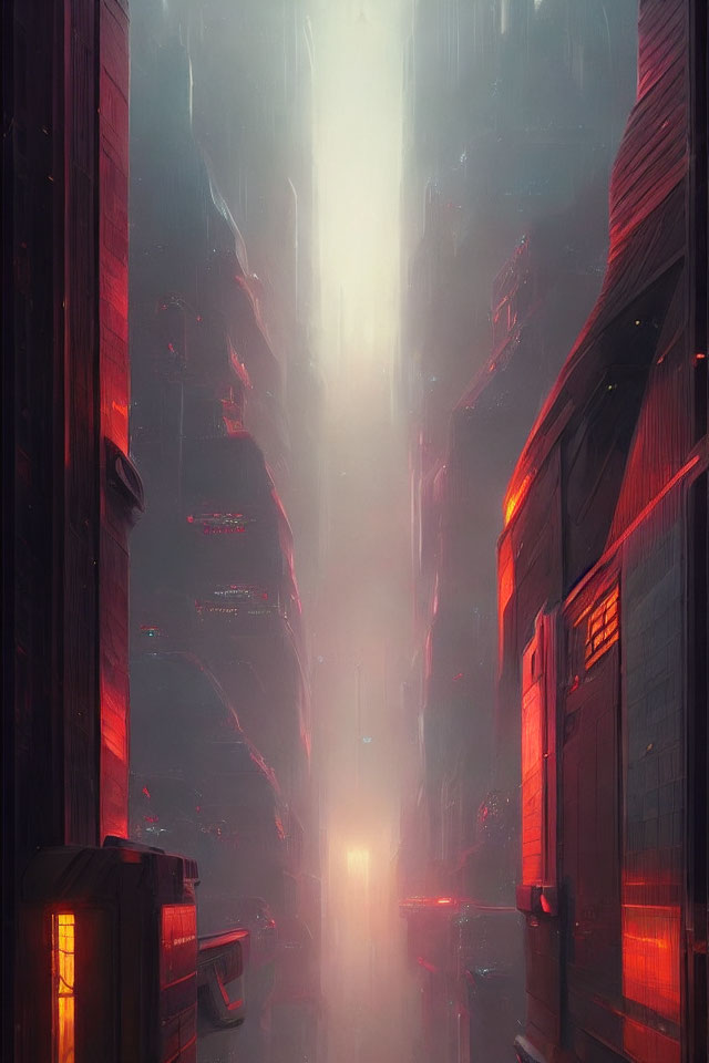 Futuristic cityscape with towering buildings and red lights at dusk