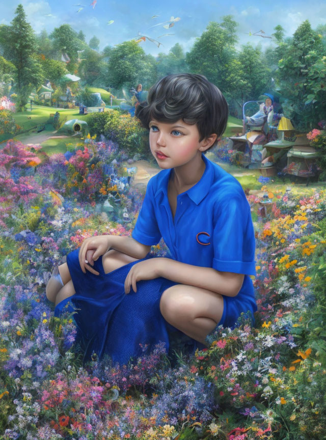 Child surrounded by vibrant flowers in whimsical garden landscape