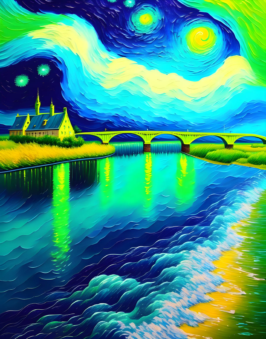 Interpretation of swirling sky, bright stars, serene village, and water reflection.