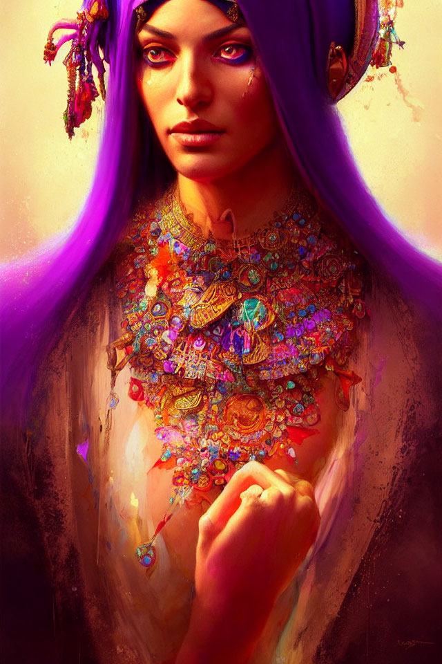 Colorful portrait of a woman with purple hair, golden eyes, and intricate necklace.