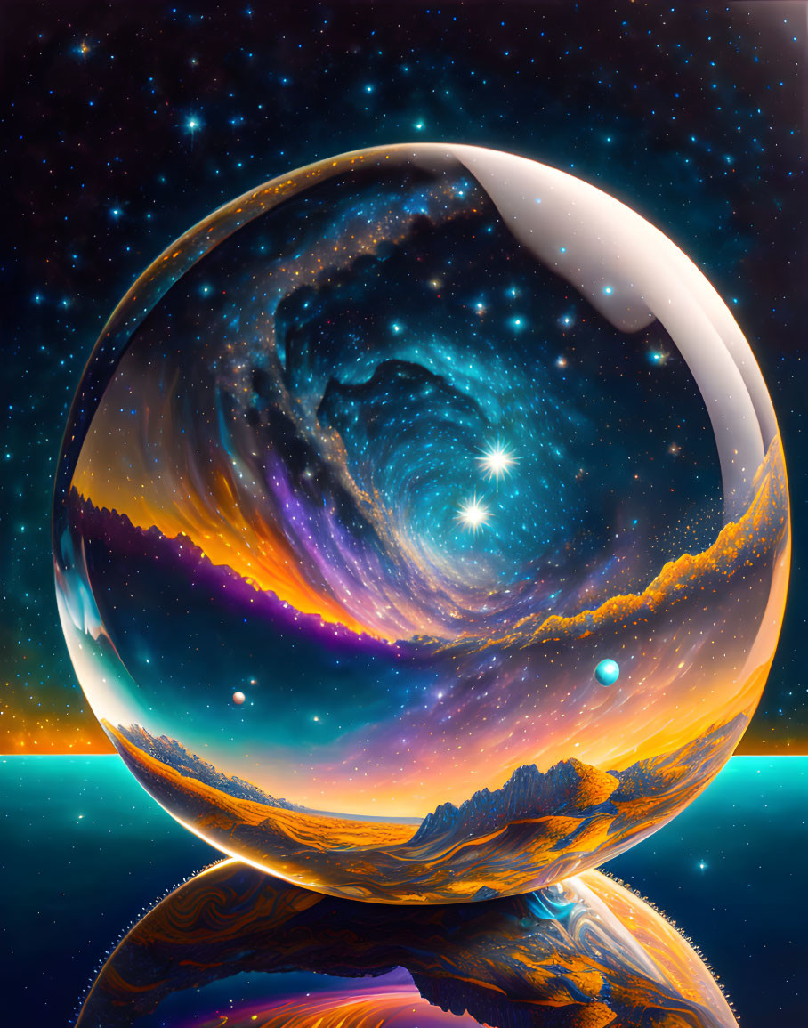 Colorful cosmic scene in transparent sphere with galaxies and stars