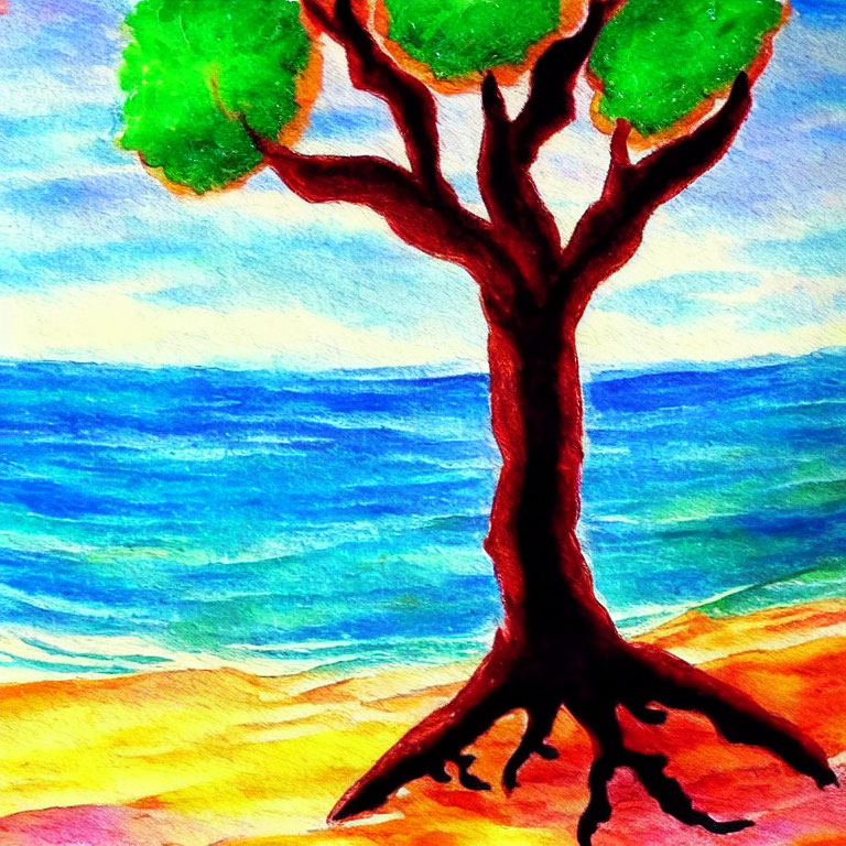 Colorful watercolor painting of solitary tree on beach with red trunk and green foliage against blue ocean and